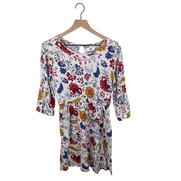 Old Navy Girls Cinch Waist Cream Multicolor Floral Print Skater Dress Size XL 14 - Picture 1 of 10